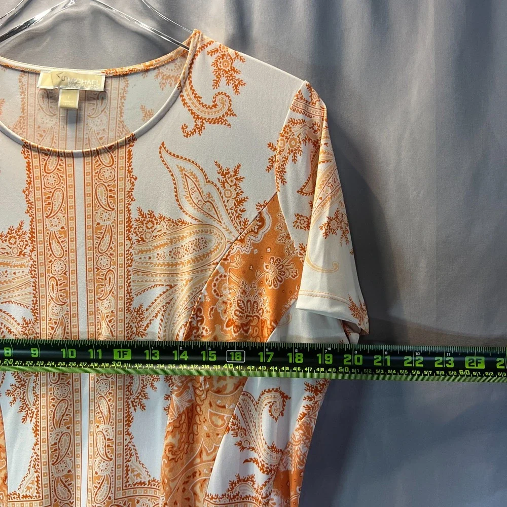 Michael Kors A Line Dress Womens Large White Orange Paisley Print Short Sleeve